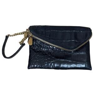 Henri Bendel Debutante Clutch Wristlet Black Crocodile Gold Chain Purple Lining